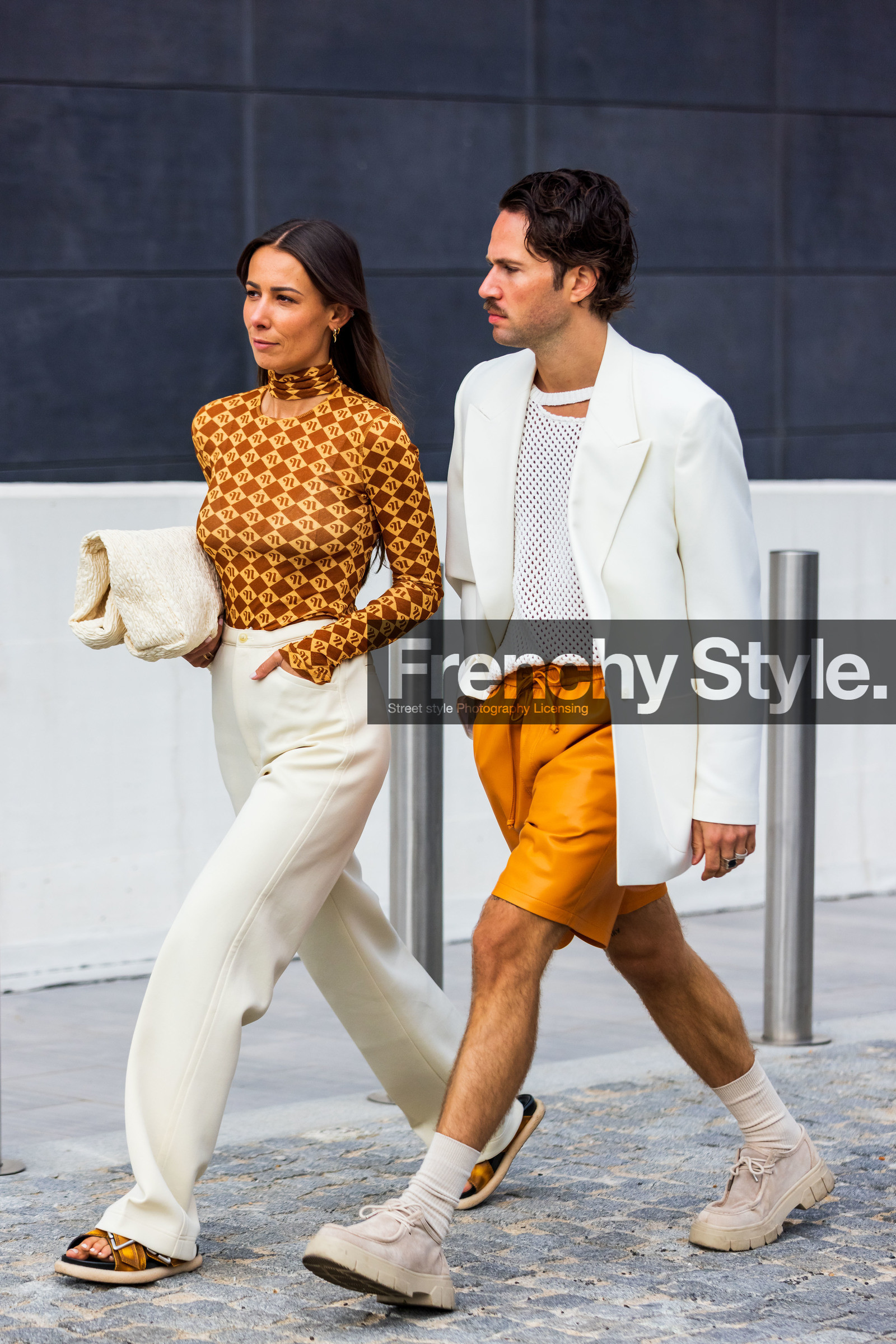 Alice Barbier, beige moccassins, beige shoes, color, couple, cream bag, cream pants, duo, Jean-Sebastien Roques, knit, menswear, mesh top, moccassins, orange short, orange turtleneck, pants, printed turtleneck, sandals, short, turtleneck, white bag, white blazer, white knit, white pants, white top, fashion week, frenchystyle, FW, jonathan paciullo, street style, SPRING SUMMER 2022, SS 22, MFW, MILAN, vertical, full length