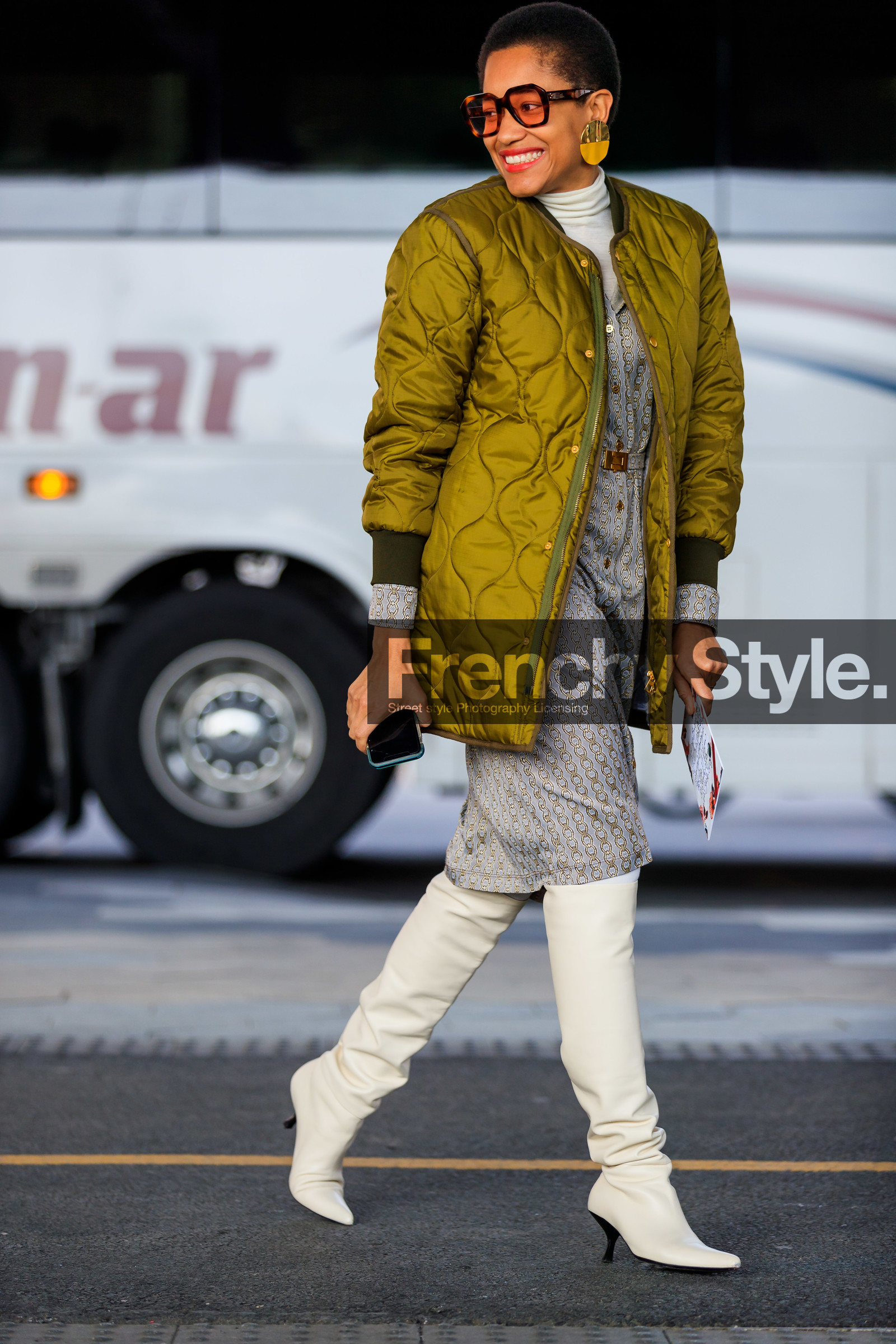 blue dress, bomber jacket, earrings, graphic dress, green jacket, high boots, high heels, leather shoes, printed dress, red lips, short hair, sunglasses, tamu mcpherson, watch, white boots, street style, jonathan paciullo, frenchystyle, NYFW, NEW YORK, AUTUMN WINTER 2019-2020, AW 19-20, FALL WINTER 2019-2020, FW 19-20, fashion week, FW, vertical, full length