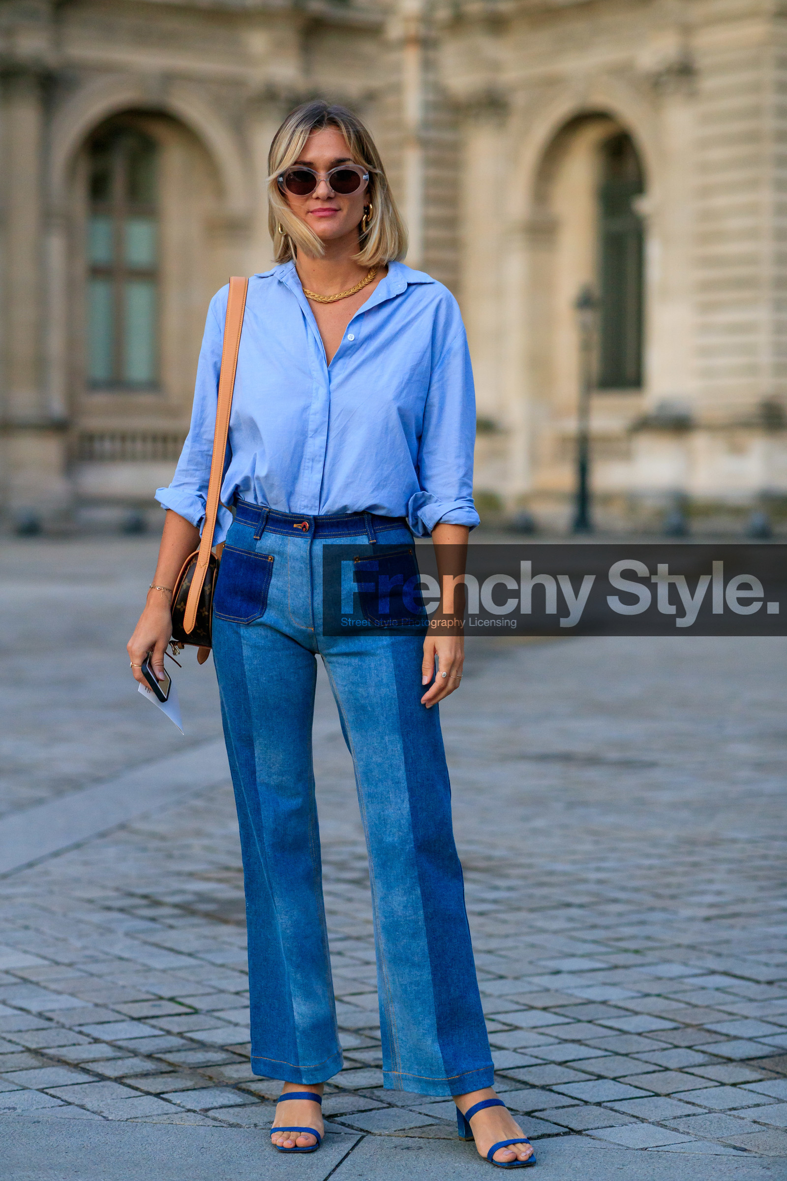 adenorah, denim, denim shirt, denim shoes, light blue jeans, light blue shirt, blue jeans, blue shoes, flare jeans, bicolor pants, multi straps sandals, multi straps slippers, kitten heels slippers, monogrammed bag, shoulder bag, brown leather bag, louis vuitton bag, louis vuitton pants, golden earrings, golden necklace, big chain necklace, dangling earrings, paco rabanne earrings, PARIS, PFW, SPRING SUMMER 2020, SS 20, fashion week, frenchystyle, FW, jonathan paciullo, street style, vertical, full length