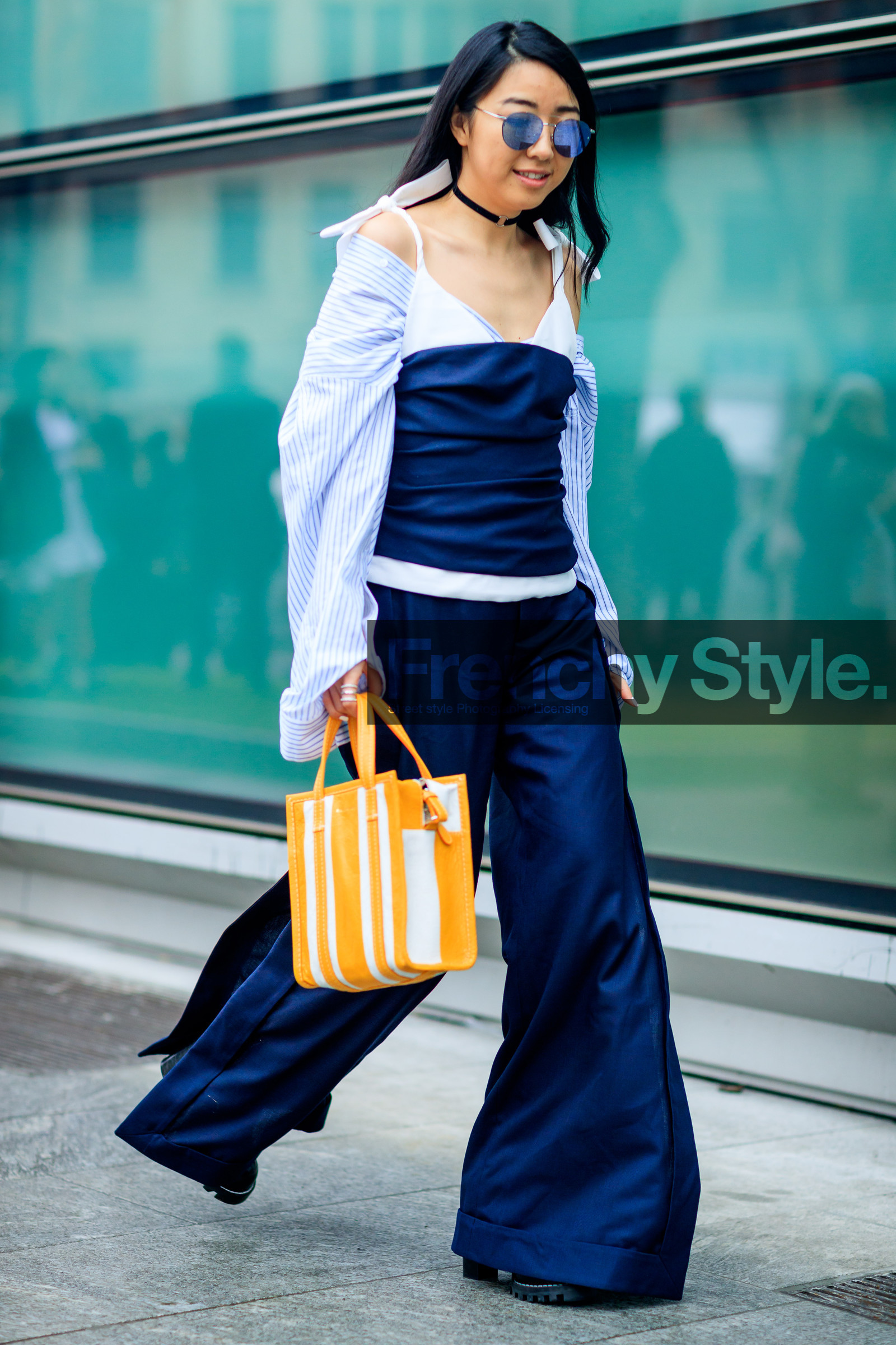 AUTUMN WINTER 2017-2018, AW 17-18, balenciaga, black boots, blue shirt, bustier top, choker, FALL WINTER 2017-2018, fashion week, frenchystyle, full length, FW, FW 17-18, graphic bag, jonathan paciullo, leather bag, MFW, MILAN, navy pants, necklace, off the shoulder, printed bag, street style, striped bag, sunglasses, trousers, vertical, wide pants, yellow bag