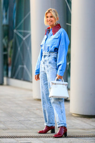 blue denim, blue shirt, bordeaux, burgundy, denim pants, earrings, high heels, jeans, leather bag, leather shoes, maison martin margiela, red boots, trousers, white bag, xenia adonts, fashion week, frenchystyle, FW, jonathan paciullo, street style, MFW, MILAN, AUTUMN WINTER 2019-2020, AW 19-20, FALL WINTER 2019-2020, FW 19-20, vertical, full length