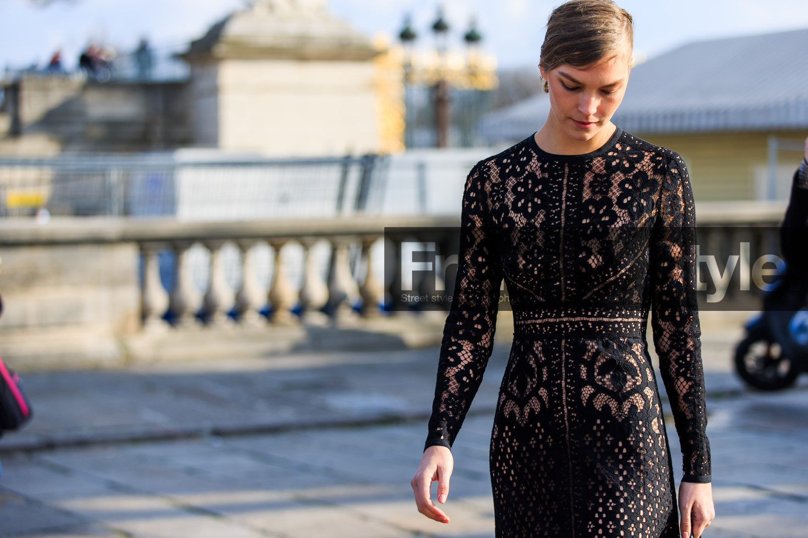 atmosphere details, AUTUMN WINTER 2016-2017, AW 16-17, black bag, black dress, detail, FALL WINTER 2016-2017, fashion week, frenchystyle, FW, FW 16-17, horizontal, jonathan paciullo, lace dress, leather bag, model, PARIS, PFW, street style