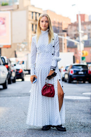 black shoes, bracelet, Charlotte Groeneveld, fashion week, frenchystyle, full length, FW, graphic dress, jonathan paciullo, leather bag, leather shoes, NEW YORK, NYFW, pleats, polka dot, printed dress, red bag, SPRING SUMMER 2018, SS 18, street style, vertical, white dress