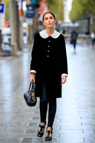 geraldine boublil, black dress, black jacket, black legging, black leather bag, black polish shoes, velvet dress, velvet jacket, collar details, button dress, button jacket, jacket dress, hand bag, polish shoes, miu miu bag, miu miu dress, miu miu jacket, miu miu shoes, miu miu look, PARIS, PFW, fashion week, frenchystyle, FW, jonathan paciullo, street style, SPRING SUMMER 2021, SS 21, vertical, full length
