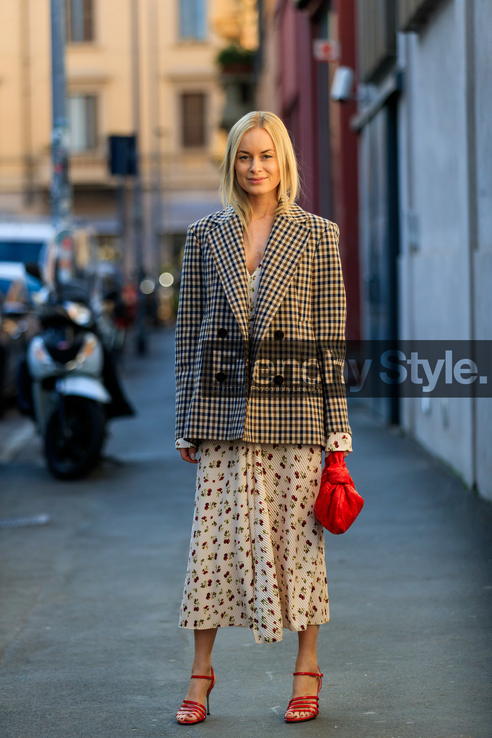 thora valdimars, checked jacket, beige jacket, brown jacket, light beige dress, white dress, pleated dress, low necked dress, fruits printed dress, long dress, red leather bag, red leather sandals, bottega veneta bag, plaited bag, multi straps sandals, fashion week, frenchystyle, FW, jonathan paciullo, street style, MFW, MILAN, AUTUMN WINTER 2020-2021, FALL WINTER 2020-2021, FW 20-21, vertical, full length