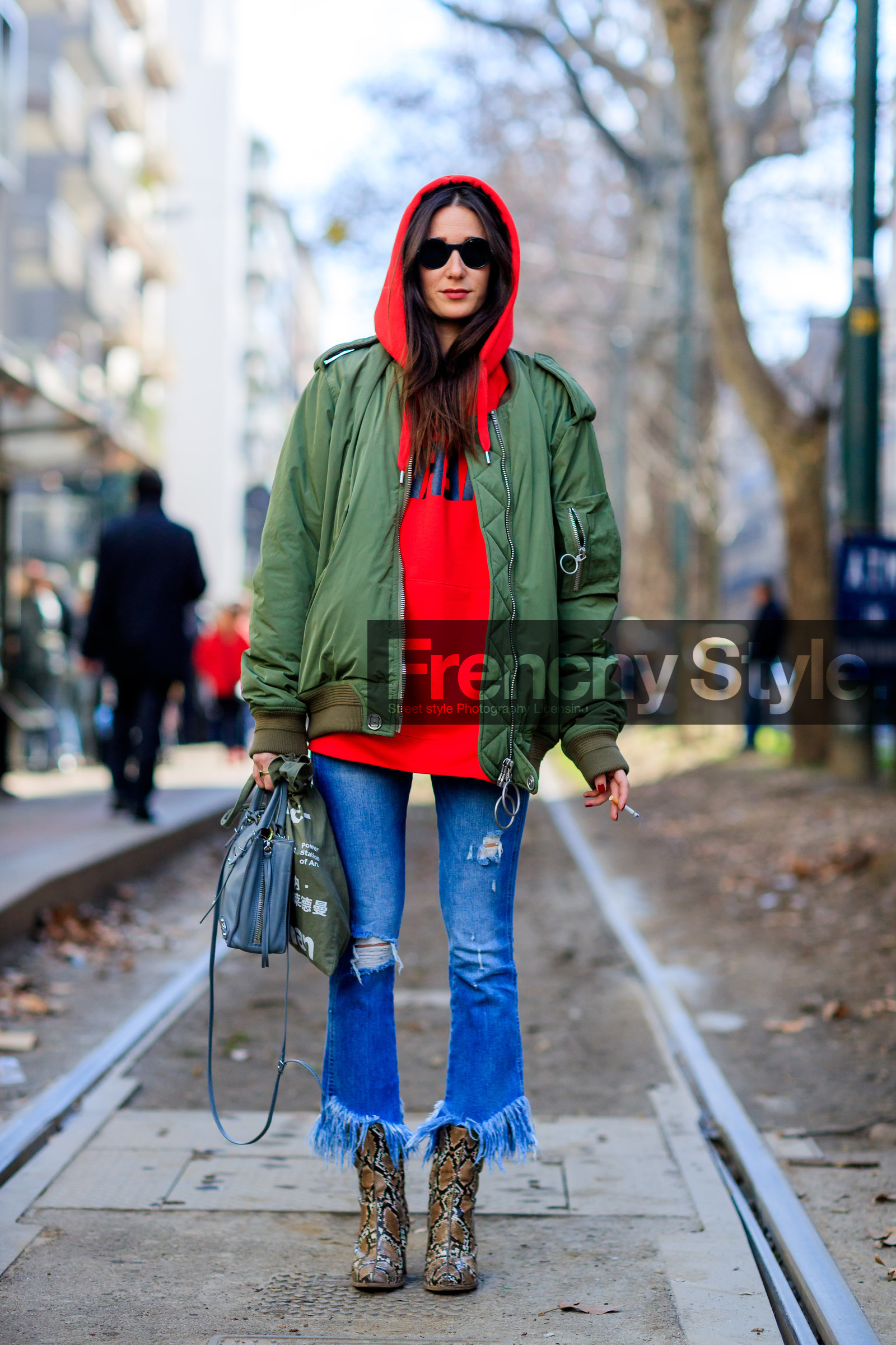 animal print, AUTUMN WINTER 2017-2018, AW 17-18, blue denim, bomber jacket, brown boots, denim pants, FALL WINTER 2017-2018, fashion week, frenchystyle, full length, FW, FW 17-18, green jacket, grey bag, high heels, hoodie, jeans, jonathan paciullo, leather bag, leather shoes, MFW, MILAN, off white, ripped pants, snake print, street style, sunglasses, trousers, vertical
