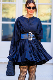 black bag, black belt, black dress, christian dior, fishnet, leather bag, leather belt, sunglasses, tights, tone on tone, total look black, PARIS, PFW, street style, jonathan paciullo, FW, frenchystyle, fashion week, AUTUMN WINTER 2019-2020, AW 19-20, FALL WINTER 2019-2020, FW 19-20, vertical, atmosphere details, detail