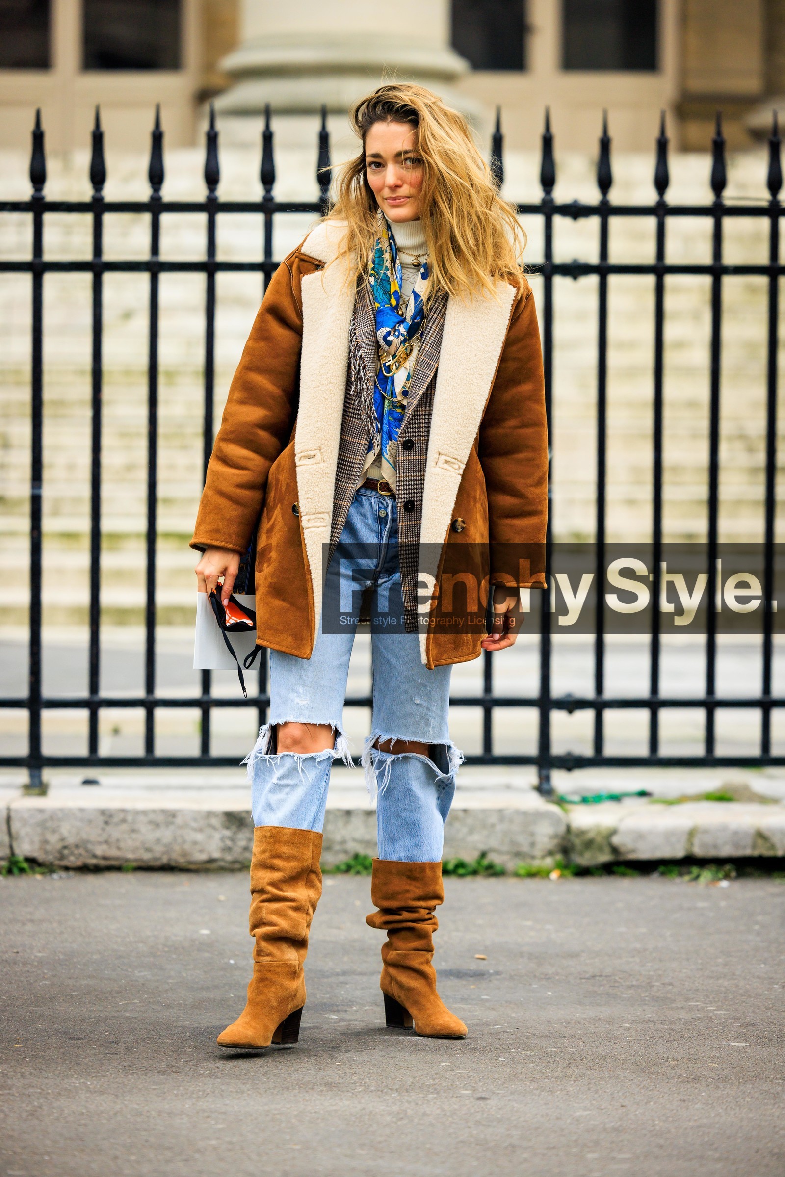 ripped jeans, brown boots, brown jacket, plaid blazer, layers, blond hair, blue scarf, printed scarf, white top, turtleneck top, furry jacket, winter jacket, boho style, fashion week, frenchystyle, FW, jonathan paciullo, street style, PARIS, PFW, SPRING SUMMER 2022, SS 22, full length, vertical, sofia sanchez de betak
