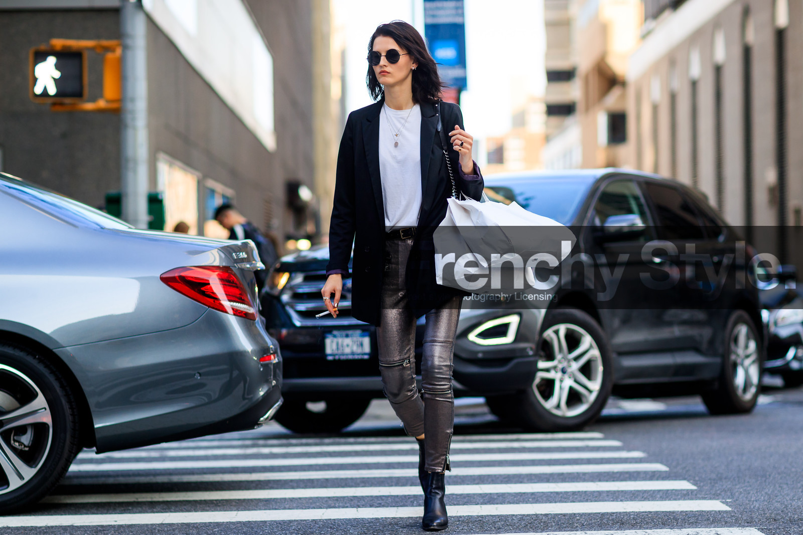 atmosphere details, black jacket, black shoes, blazer, fashion week, frenchystyle, full length, FW, high heels, horizontal, jonathan paciullo, leather shoes, model, NEW YORK, NYFW, silver pants, SPRING SUMMER 2018, SS 18, street style, sunglasses, trousers, white t shirt