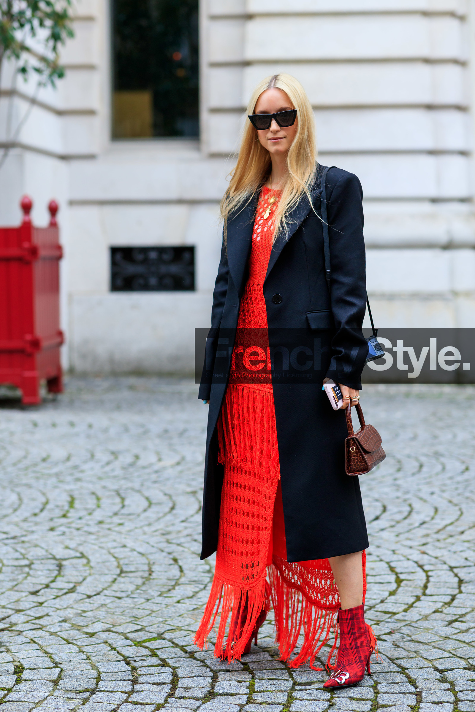 balenciaga, black coat, brown bag, Charlotte Groeneveld, fringes, leather bag, leather shoes, red boots, red dress, sunglasses, PARIS, PFW, street style, jonathan paciullo, FW, frenchystyle, fashion week, AUTUMN WINTER 2019-2020, AW 19-20, FALL WINTER 2019-2020, FW 19-20, vertical, full length