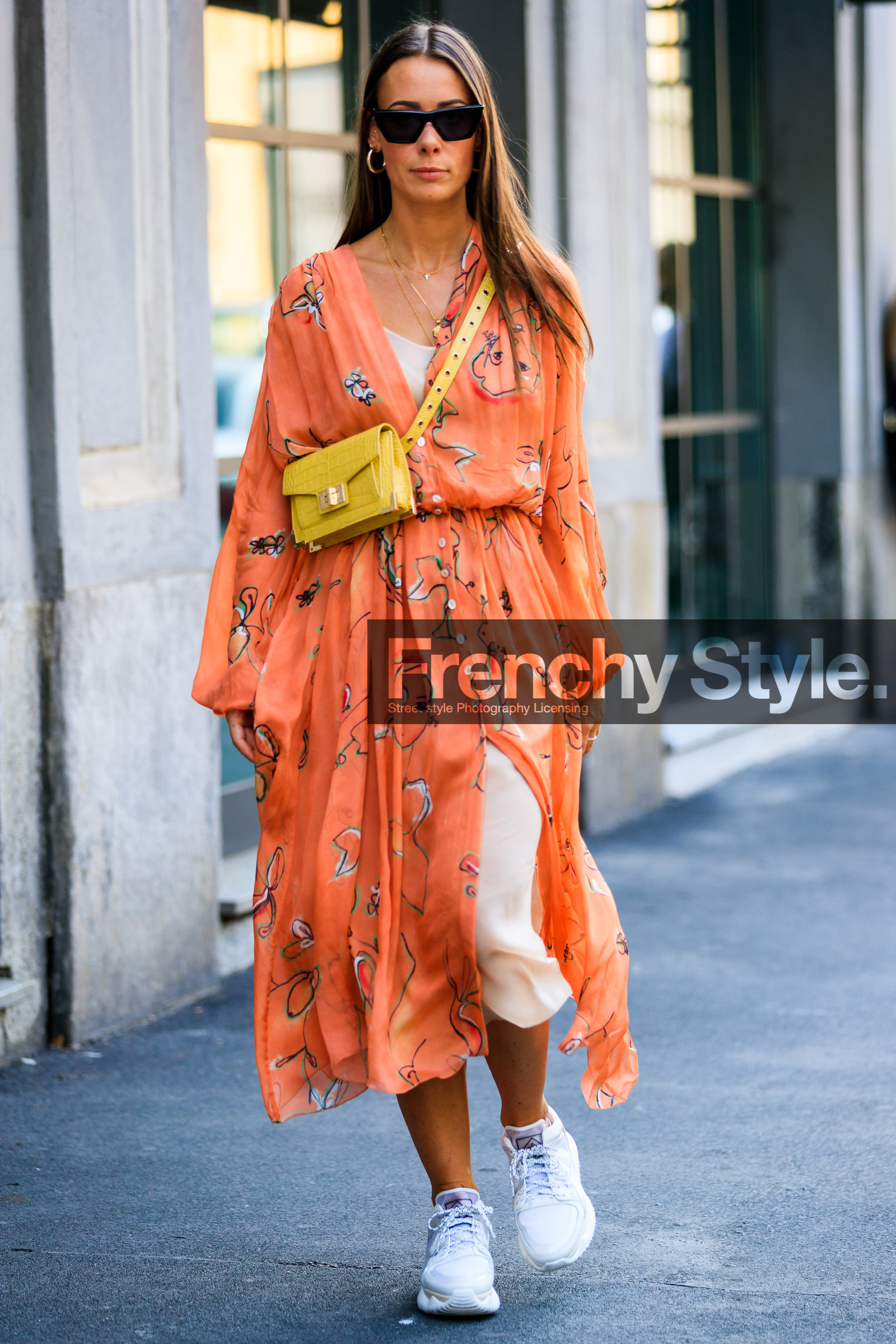 alice & j.s, floral, flowers, graphic dress, leather bag, leather shoes, orange dress, printed dress, sunglasses, white shoes, white sneakers, yellow bag, street style, jonathan paciullo, FW, frenchystyle, fashion week, MFW, MILAN, SPRING SUMMER 2019, SS 19, vertical, full length