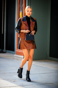 leonie hanne, camel leather perfecto, brown leather perfecto, black leather perfecto, brown leather skirt, camel leather skirt, black leather bag, black leather boots, black pullover, turtleneck pullover, golden earrings, dangling earrings, monogrammed jacket, monogrammed skirt, louis vuitton bag, louis vuitton jacket, louis vuitton skirt, louis vuitton earrings, louis vuitton boots, golden watch, silvered watch, fendi watch, hand bag, PARIS, PFW, fashion week, frenchystyle, FW, jonathan paciullo, street style, SPRING SUMMER 2021, SS 21, vertical, full length