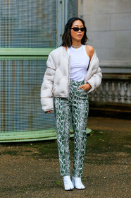 aimee song, white down jacket, quilted coat, white t-shirt, animal print pants, green pants, sleeveless t-shirt, sleeveless top, black sunglasses, margiela coat, margiela shoes, camel toe margiela boots, white leather boots, fashion week, frenchystyle, FW, jonathan paciullo, street style, SPRING SUMMER 2020, SS 20, PFW, PARIS, vertical, full length