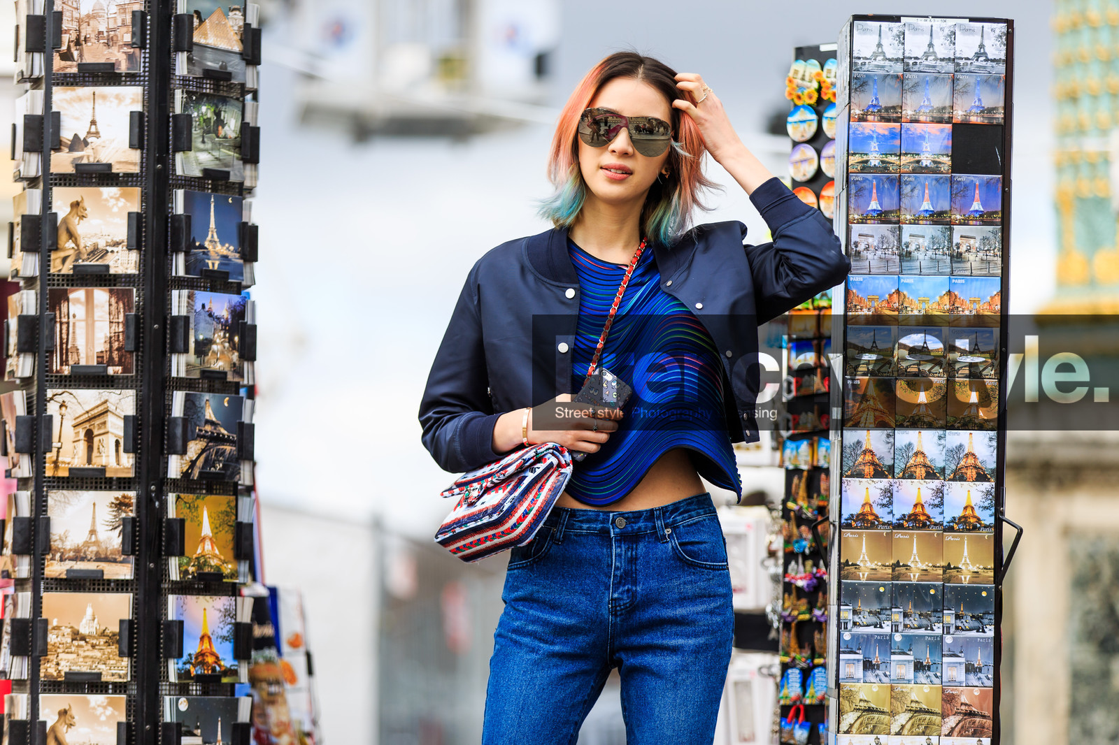 atmosphere details, AUTUMN WINTER 2016-2017, AW 16-17, blue denim, blue jacket, blue top, bomber jacket, denim pants, detail, dyed hair, FALL WINTER 2016-2017, fashion week, frenchystyle, FW, FW 16-17, horizontal, irene kim, jeans, jonathan paciullo, navy jacket, PARIS, PFW, ripped pants, street style, sunglasses, trousers