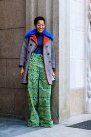 AUTUMN WINTER 2017-2018, AW 17-18, blue fur, blue sweater, brown jacket, FALL WINTER 2017-2018, fashion week, frenchystyle, full length, fun sunglasses, fur collar, FW, FW 17-18, graphic jacket, green pants, high waist, houndstooth pattern, jonathan paciullo, leather shoes, MFW, MILAN, printed jacket, printed pants, street style, sunglasses, tamu mcpherson, trousers, vertical, wide pants
