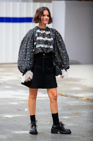 marta cygan, black blouse, black socks, black skirt, button skirt, floral printed blouse, lace blouse, balloon sleeves, oversize sleeves, black leather derbies, striped blouse, louis vuitton blouse, louis vuitton skirt, louis vuitton shoes, louis vuitton total look, PARIS, PFW, fashion week, frenchystyle, FW, jonathan paciullo, street style, SPRING SUMMER 2021, SS 21, vertical, full length