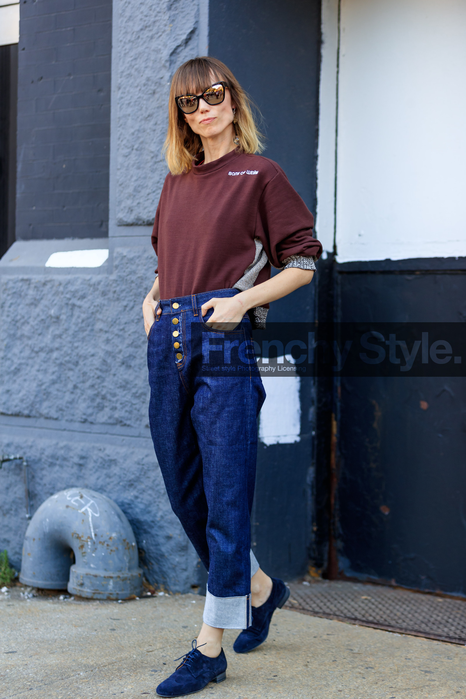 anya ziourova, blue denim, blue shoes, brown sweater, denim pants, fashion week, frenchystyle, full length, FW, gosha rubchinskiy, jeans, jonathan paciullo, leather shoes, NEW YORK, NYFW, SPRING SUMMER 2018, SS 18, street style, sunglasses, trousers, vertical