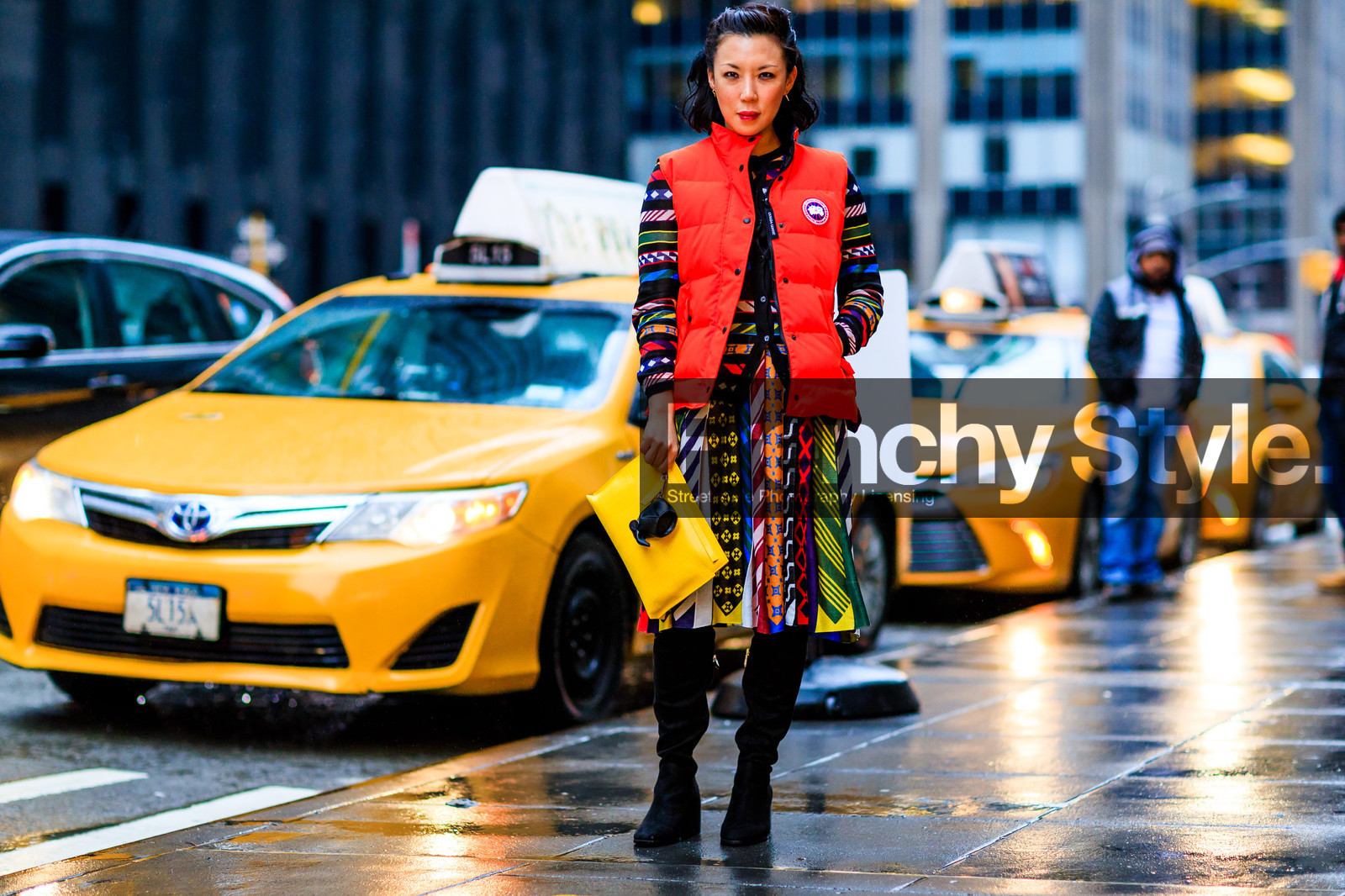 atmosphere details, AUTUMN WINTER 2017-2018, AW 17-18, black boots, black shoes, canada goose, FALL WINTER 2017-2018, fashion week, frenchystyle, full length, FW, FW 17-18, graphic dress, high boots, high heels, horizontal, jonathan paciullo, leather bag, leather shoes, loewe, multicolor dress, multicolor sweater, NEW YORK, NYFW, printed dress, red jacket, sleeveless, street style, stripes, yellow bag