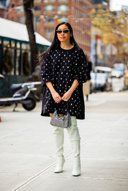 black dress with gems, white highknee boots, studded prada bag, black sun glasses, fashion week, frenchystyle, FW, jonathan paciullo, street style, NYFW, NEW YORK, AUTUMN WINTER 2022-2023, FALL WINTER 2022_2023, FW 22-23, vertical, full length