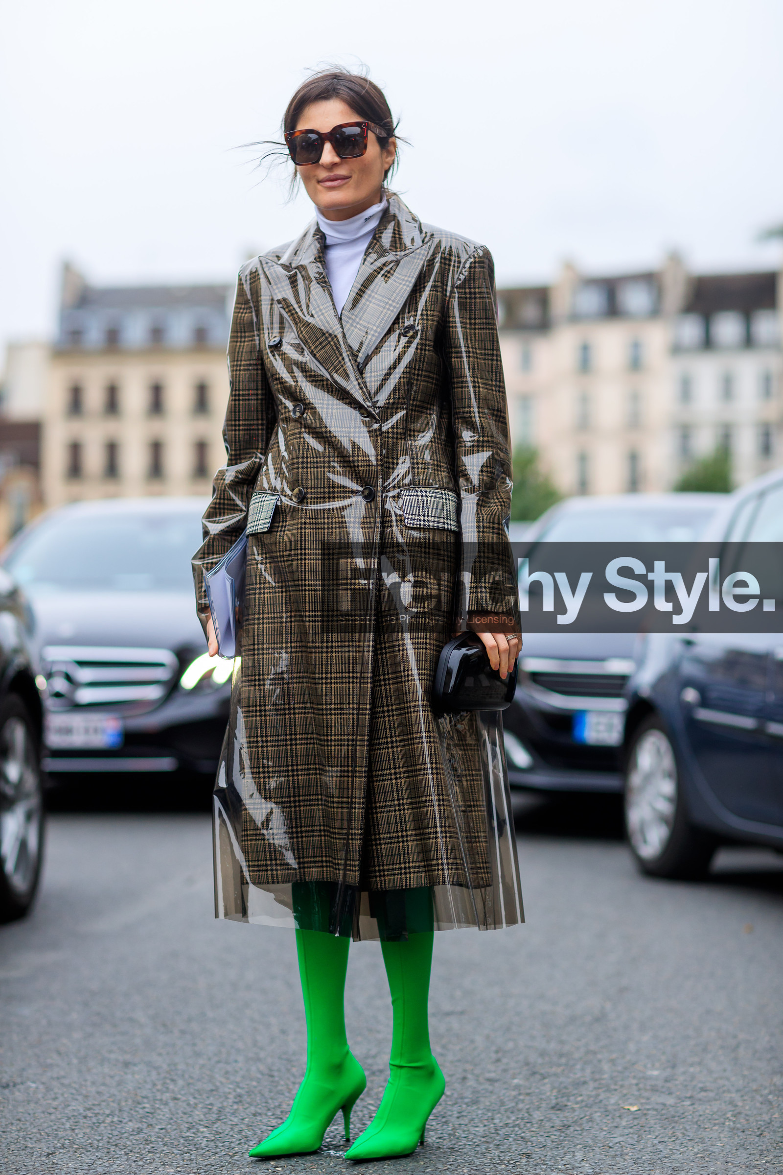 balenciaga, black bag, brown coat, checked coat, fashion week, frenchystyle, full length, FW, graphic jacket, green boots, high heels, jonathan paciullo, leather bag, leather shoes, PARIS, PFW, plaid, printed jacket, SPRING SUMMER 2018, SS 18, street style, sunglasses, vertical, Irina Linovich