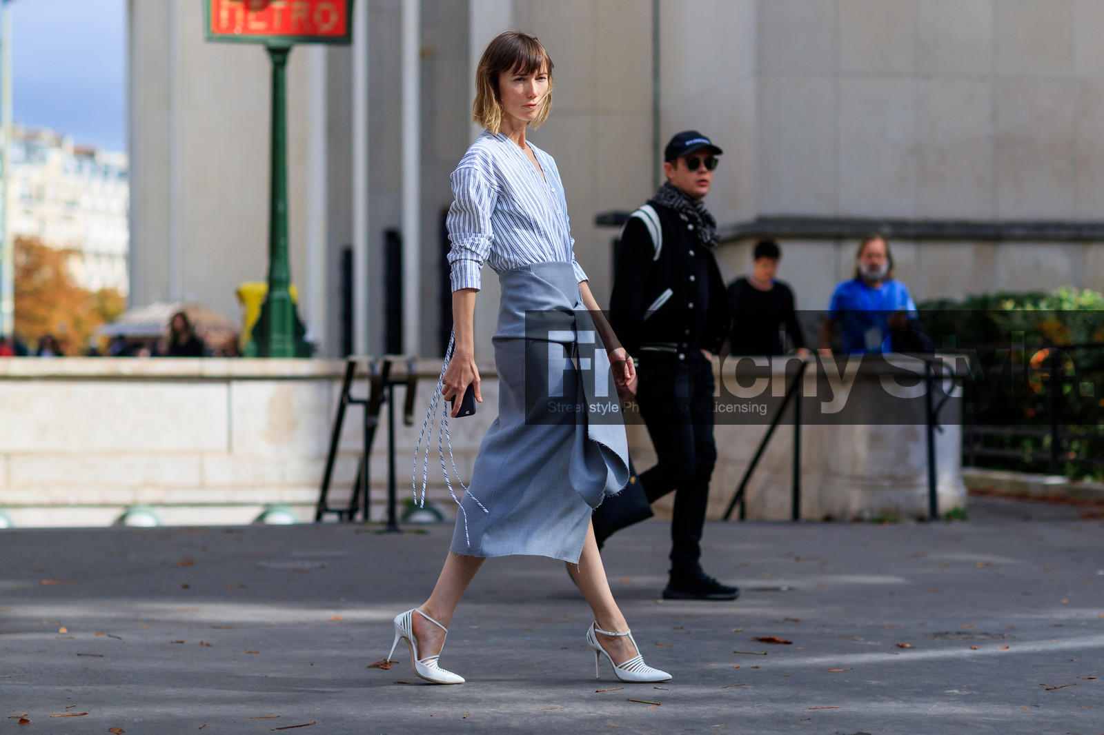 atmosphere details, fashion week, frenchystyle, full length, FW, graphic shirt, grey skirt, high heels, horizontal, jonathan paciullo, leather shoes, PARIS, PFW, printed shirt, SPRING SUMMER 2018, SS 18, street style, striped shirt, white shoes, anya ziourova