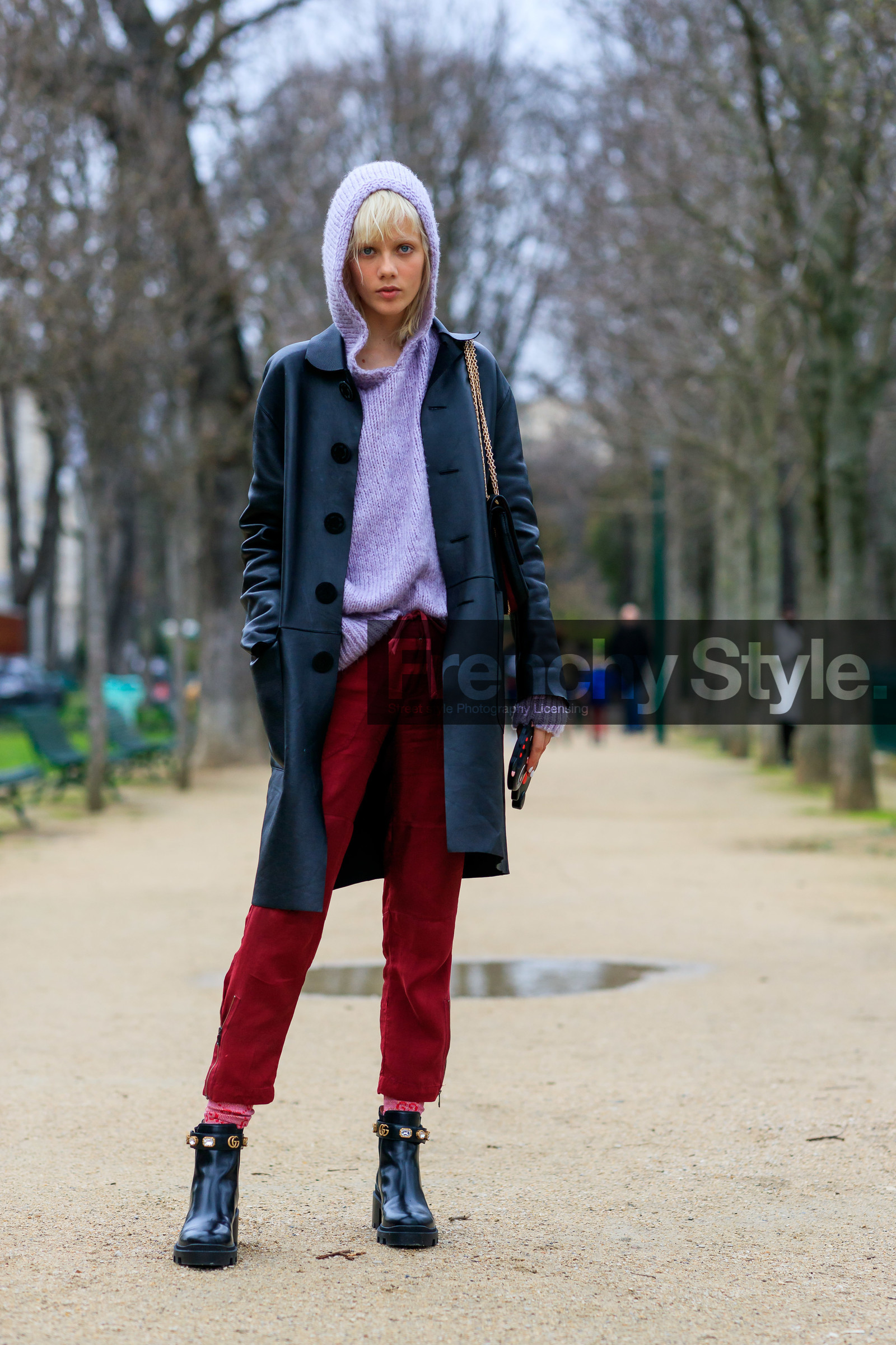 black jacket, black shoes, hoodie, leather jacket, leather shoes, marjan jonkman, model, purple sweater, red pants, trousers, PARIS, PFW, street style, jonathan paciullo, FW, frenchystyle, fashion week, AUTUMN WINTER 2019-2020, AW 19-20, FALL WINTER 2019-2020, FW 19-20, vertical, full length