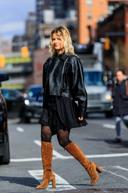 sabina socol, black leather perfecto, black dress, black tights, camel suede boots, high boots, high heels boots, longchamp jacket, oversize perfecto, fashion week, frenchystyle, FW, jonathan paciullo, street style, FALL WINTER 2020-2021, AUTUMN WINTER 2020-2021, FW 20-21, vertical, full length, NYFW, NEW YORK