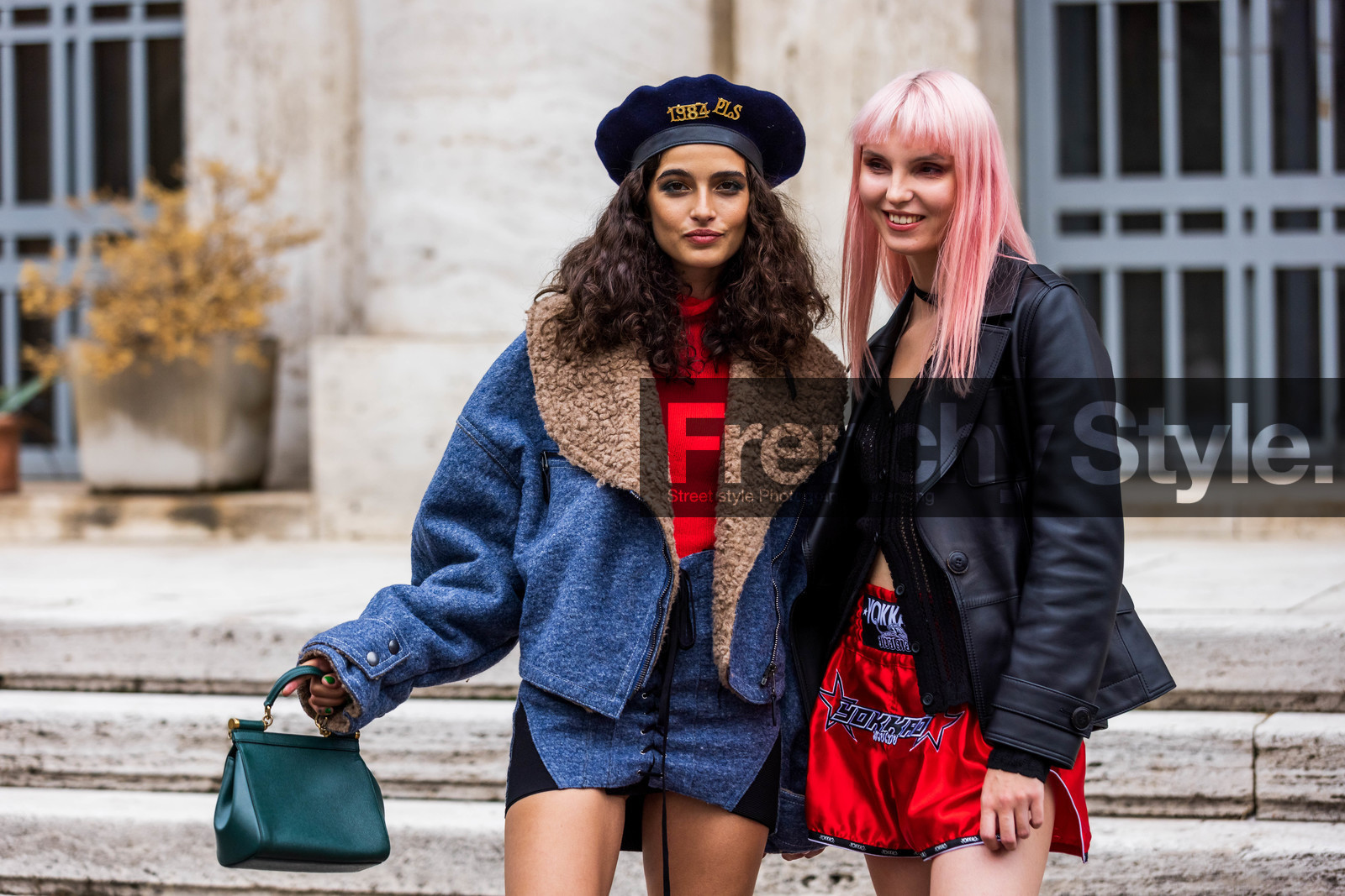 bag, beret, black cardigan, black jacket, blue beret, blue jacket, blue skirt, cardigan, Chiara Celsi, color, green bag, jacket, lace up skirt, leather bag, leather jacket, Milena Podda, mini skirt, pink hair, red boots, red short, red turtleneck, satined short, short, skirt, turtleneck, wool beret, wool jacket, wool skirt, duo, fashion week, frenchystyle, FW, jonathan paciullo, street style, SPRING SUMMER 2022, SS 22, MFW, MILAN, atmosphere details, horizontal