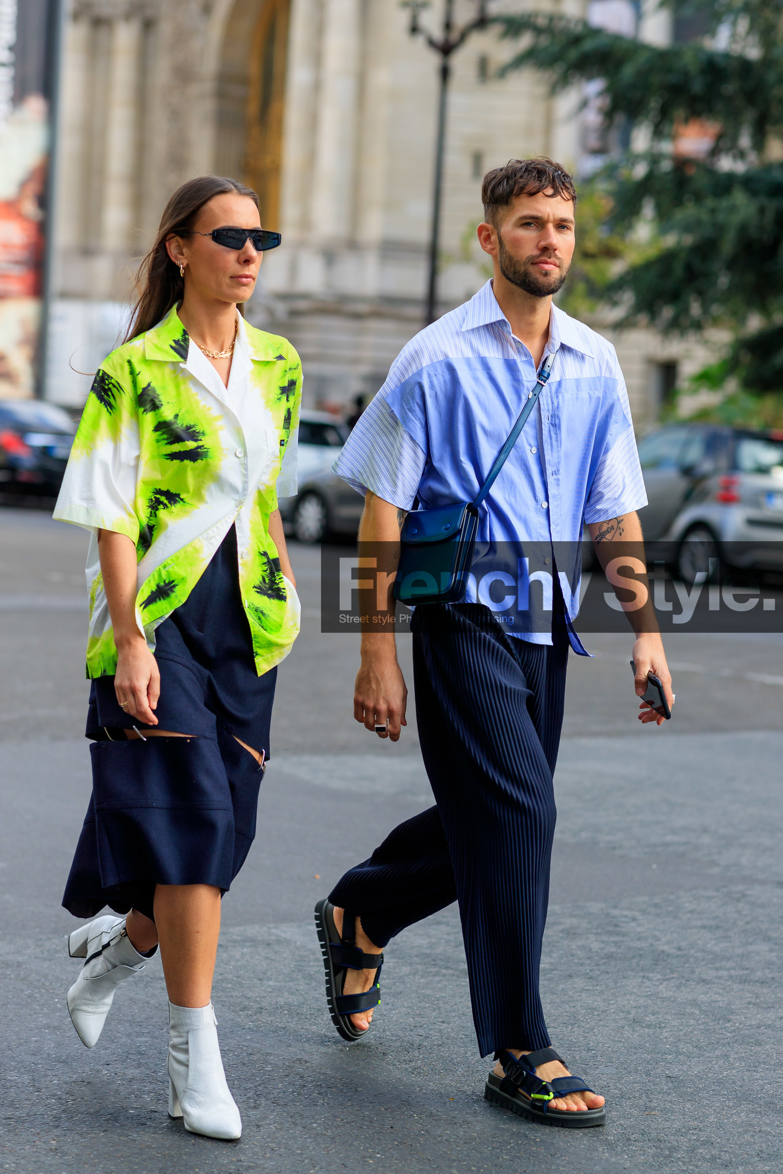 alice & j.s, alice barbier, JS roques, neon yellow shirt, tie and dye shirt, prada shirt, short sleeves shirt, white shirt, armani sunglasses, futurist shape sunglasses, black skirt, openwork skirt, white leather boots, low boots, light blue shirt, striped shirt, pleated pants, navy blue pants, crossbody bag, green leather bag, valentino shoes, sports sandals, sportswear, flat sandals, mid long skirt, PARIS, PFW, SPRING SUMMER 2020, SS 20, fashion week, frenchystyle, FW, jonathan paciullo, street style, vertical, full length