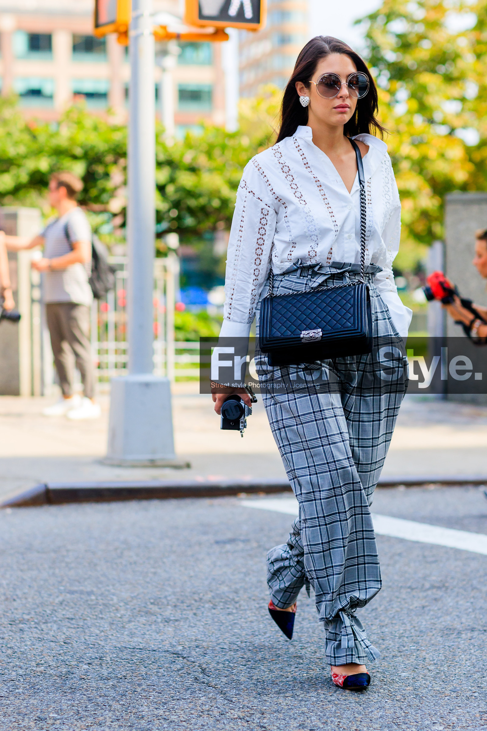 black bag, black shoes, boy bag, chanel, checked pants, fashion week, frenchystyle, full length, FW, graphic pants, grey pants, high waist, jonathan paciullo, leather bag, leather shoes, NEW YORK, NYFW, plaid, printed pants, SPRING SUMMER 2018, SS 18, street style, sunglasses, trousers, vertical, white shirt