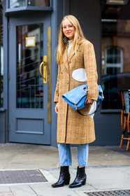 alexandra carl, beige coat, black shoes, blue bag, blue denim, checked jacket, denim pants, fashion week, frenchystyle, full length, FW, graphic jacket, high heels, jeans, jonathan paciullo, jw anderson, leather bag, leather shoes, LFW, LONDON, open work, plaid, printed jacket, SPRING SUMMER 2018, SS 18, street style, suede bag, trousers, vertical, white top