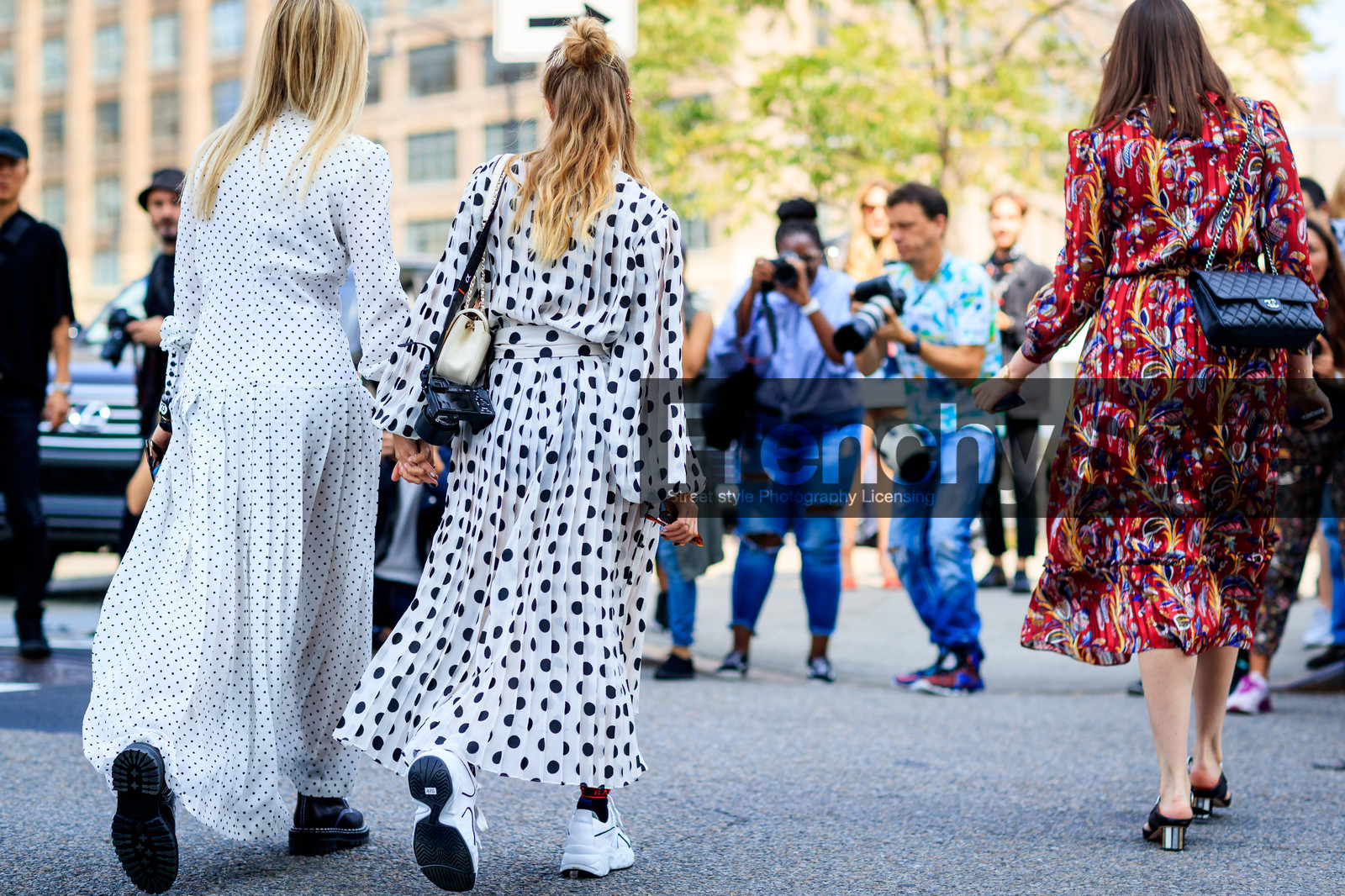 atmosphere details, back detail, black bag, fashion week, frenchystyle, full length, FW, graphic dress, horizontal, jonathan paciullo, leather bag, leather shoes, NEW YORK, NYFW, pleats, polka dot, printed dress, SPRING SUMMER 2018, SS 18, street style, white dress