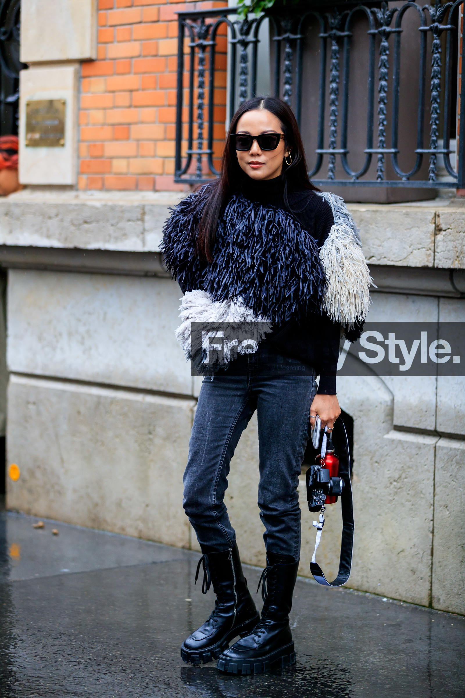 yoyo cao, black pullover, black sunglasses, black jeans, black leather boots, high boots, flat boots, big sole boots, laced boots, prada boots, fringe pullover, dark grey pullover, white pullover, sacai pullover, turtleneck pullover, fashion week, frenchystyle, FW, jonathan paciullo, street style, PFW, PARIS, vertical, full length