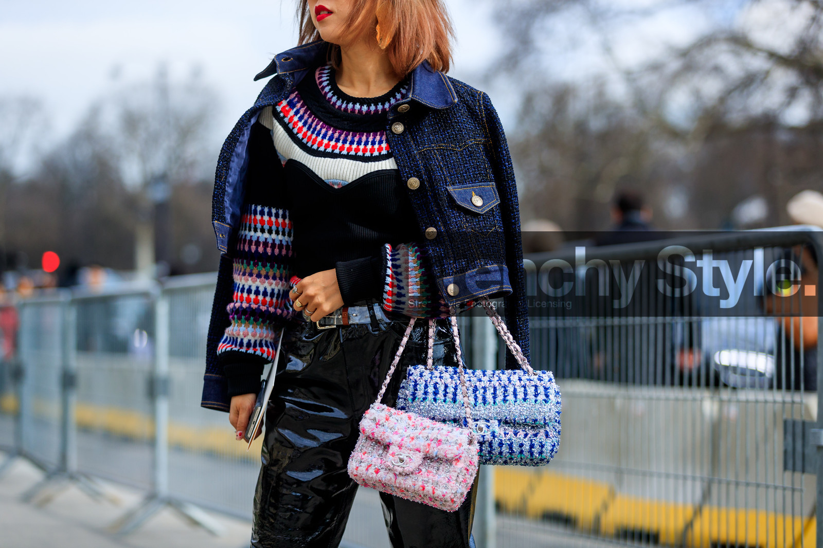 black pants, black top, blue bag, blue denim, bustier top, chanel handbag, denim jacket, graphic bag, leather bag, leather pants, multicolor sweater, over the shoulder, pink bag, printed bag, printed sweater, trousers, tweed bag, street style, jonathan paciullo, FW, frenchystyle, fashion week, PFW, PARIS, AUTUMN WINTER 2018-2019, FALL WINTER 2018-2019, FW 18-19, horizontal, atmosphere details