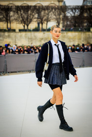 white shirt, black tie, white bag, black jacket, school girl look, mini skirt, pleated skirt, black boots, biker shorts, sutds skirts, dior, laced boots, amalie gassmann, fashion week, frenchystyle, FW, jonathan paciullo, street style, AUTUMN WINTER 2022-2023, FALL WINTER 2022_2023, FW 22-23, PFW, PARIS, vertical, full length