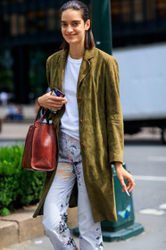 atmosphere details, brown bag, celine delaugere, denim pants, detail, fashion week, frenchystyle, FW, green coat, jeans, jonathan paciullo, leather bag, leather coat, model, NEW YORK, NYFW, printed pants, pulled back hair, SPRING SUMMER 2018, SS 18, street style, tie & die, trousers, vertical, wet hair, white t shirt