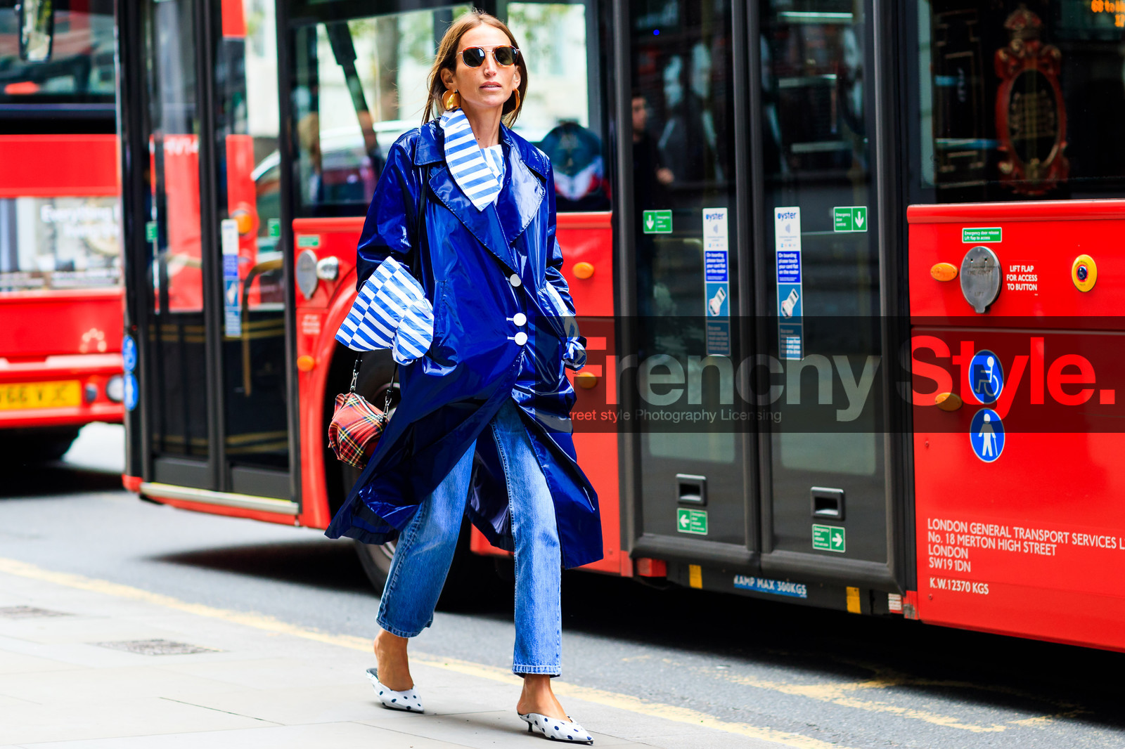 atmosphere details, balenciaga, blue coat, blue denim, blue shirt, denim pants, earrings, fashion week, frenchystyle, full length, FW, geometric, graphic bag, graphic shirt, high heels, horizontal, jeans, jonathan paciullo, leather bag, leather coat, leather shoes, LFW, loewe, LONDON, polka dot, printed bag, printed shirt, printed shoes, raincoat, red bag, SPRING SUMMER 2018, SS 18, street style, striped shirt, tartan, trousers, white shoes