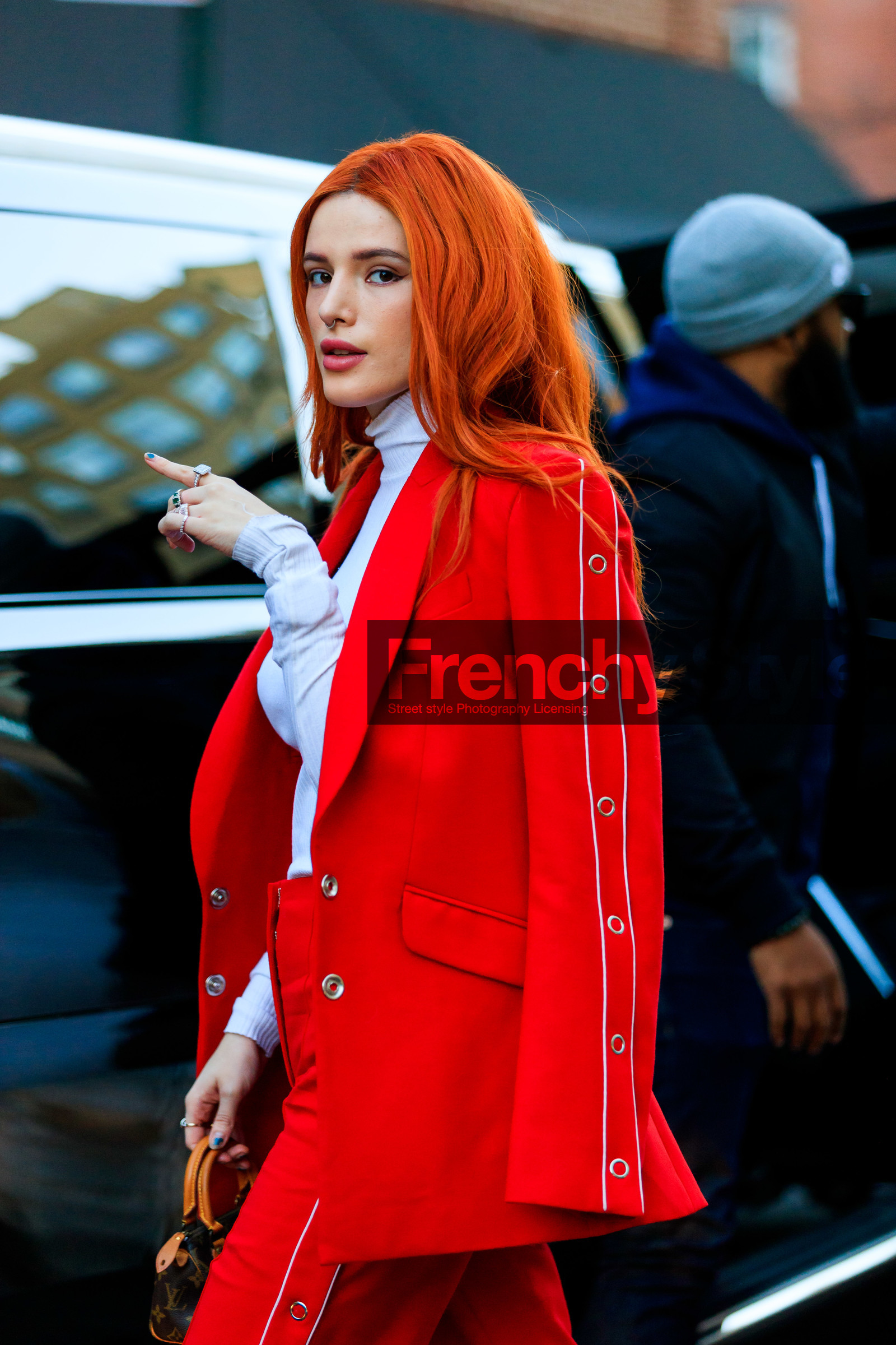 brown bag, graphic bag, leather bag, louis vuitton, mini bag, monogram, over the shoulder, printed bag, red head, red jacket, red pants, red suit, trousers, turtleneck sweater, white sweater, street style, jonathan paciullo, frenchystyle, NYFW, NEW YORK, AUTUMN WINTER 2019-2020, AW 19-20, FALL WINTER 2019-2020, FW 19-20, fashion week, FW, vertical, atmosphere details, detail