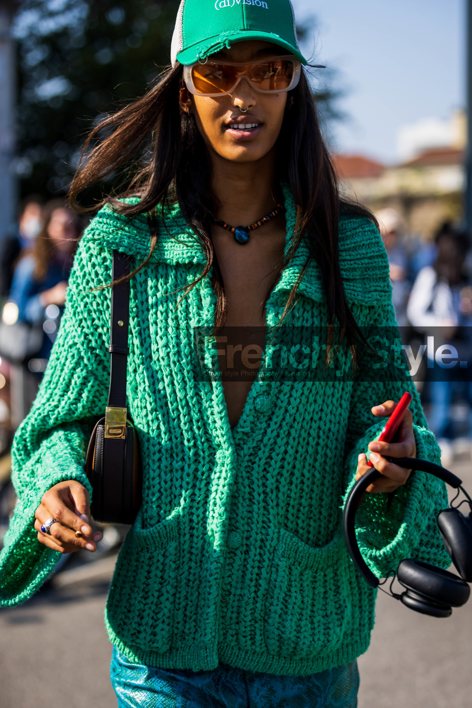 bag, black bag, cap, color, colored sunglasses, green cap, green cardigan, green knitwear, green pants, knitwear, leather bag, Mona Tougaard, necklace, pearls necklace, printed pants, python pants, sunglasses, fashion week, frenchystyle, FW, jonathan paciullo, street style, SPRING SUMMER 2022, SS 22, MFW, MILAN, vertical, atmosphere details