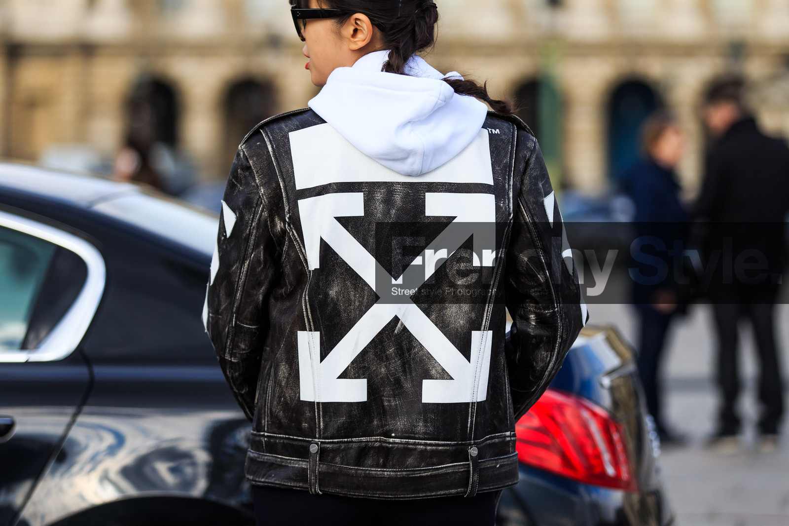 atmosphere details, AUTUMN WINTER 2016-2017, AW 16-17, black jacket, black pants, black perfecto, detail, FALL WINTER 2016-2017, fashion week, frenchystyle, FW, FW 16-17, geometric, graphic jacket, hoodie, horizontal, jonathan paciullo, leaf greener, leather jacket, leather perfecto, PARIS, PFW, printed jacket, street style, stripes, sunglasses, trousers, white sweater