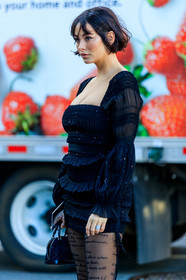 taylor lashae, black dress, black tights, black bag, low necked dress, long sleeves dress, mini dress, pleated dress, strassed dress, letter embroidered tights, monogrammed bag, mini bag, hand bag, louis vuitton bag, sequins dress, fashion week, frenchystyle, FW, jonathan paciullo, street style, AUTUMN WINTER 2020-2021, FALL WINTER 2020-2021, FW 20-21, vertical, atmosphere details, detail, NYFW, NEW YORK