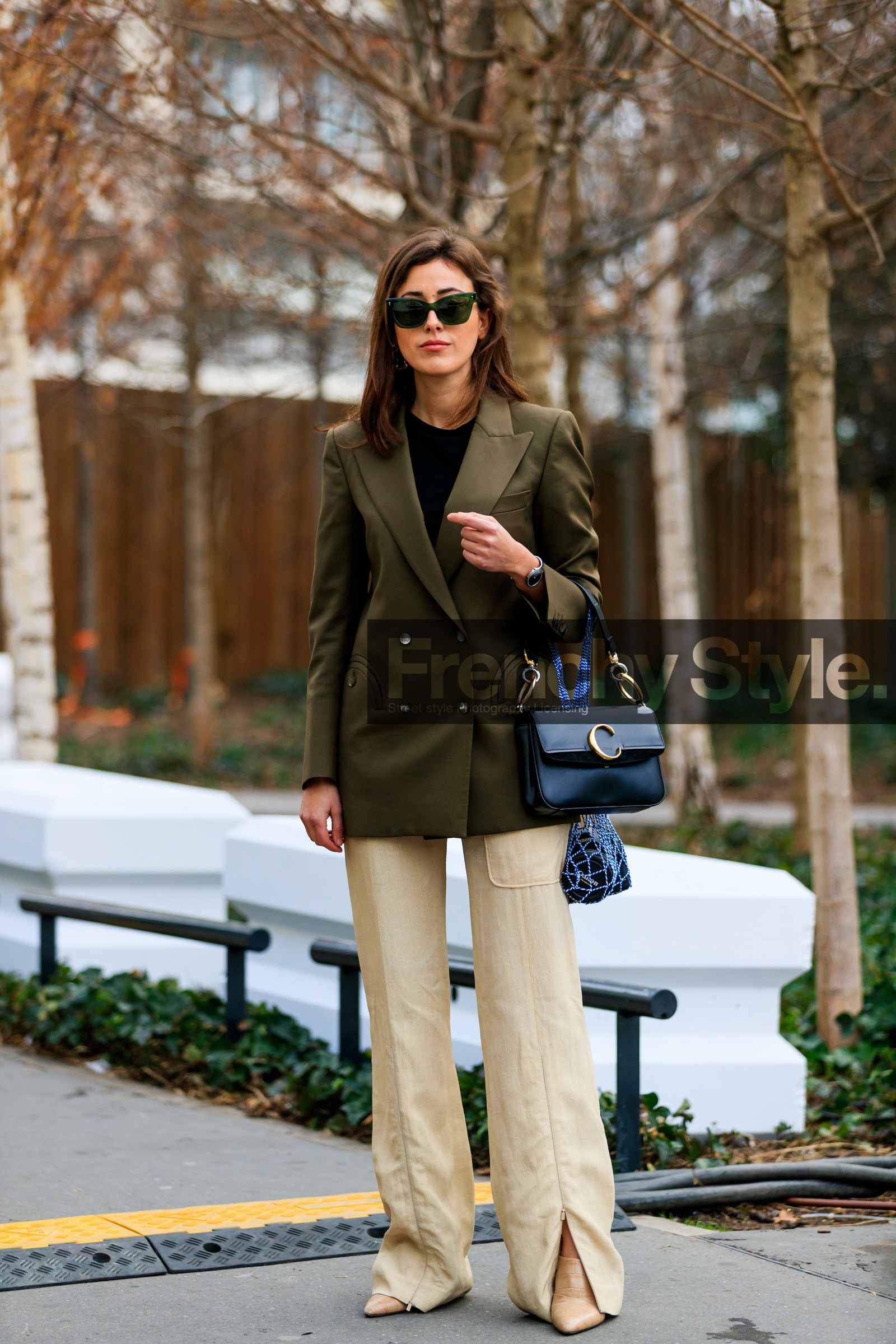 beige pants, beige shoes, black bag, black sweater, blazer, chloé, green jacket, leather bag, leather shoes, sunglasses, sylvia haghjoo, trousers, PARIS, PFW, street style, jonathan paciullo, FW, frenchystyle, fashion week, AUTUMN WINTER 2019-2020, AW 19-20, FALL WINTER 2019-2020, FW 19-20, vertical, full length