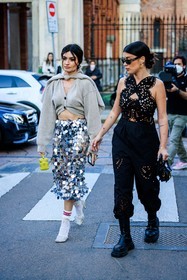 sparkling skirt, silver skirt, grey cardigan, knitwear, bottega veneta sandals, white sandals, mini dior bag, green fluo bag, mini green bag, white socks, black sunglasses, english embroidered top, knitted top, black pants, cut out pants, chunky boots, black boots, leather boots, mini black bag, leather handbag, golden earrings, black full look, street style, jonathan paciullo, FW, frenchystyle, fashion week, MFW, MILAN, FALL WINTER 2022_2023, AUTUMN WINTER 2022-2023, FW 22-23, vertical, full length