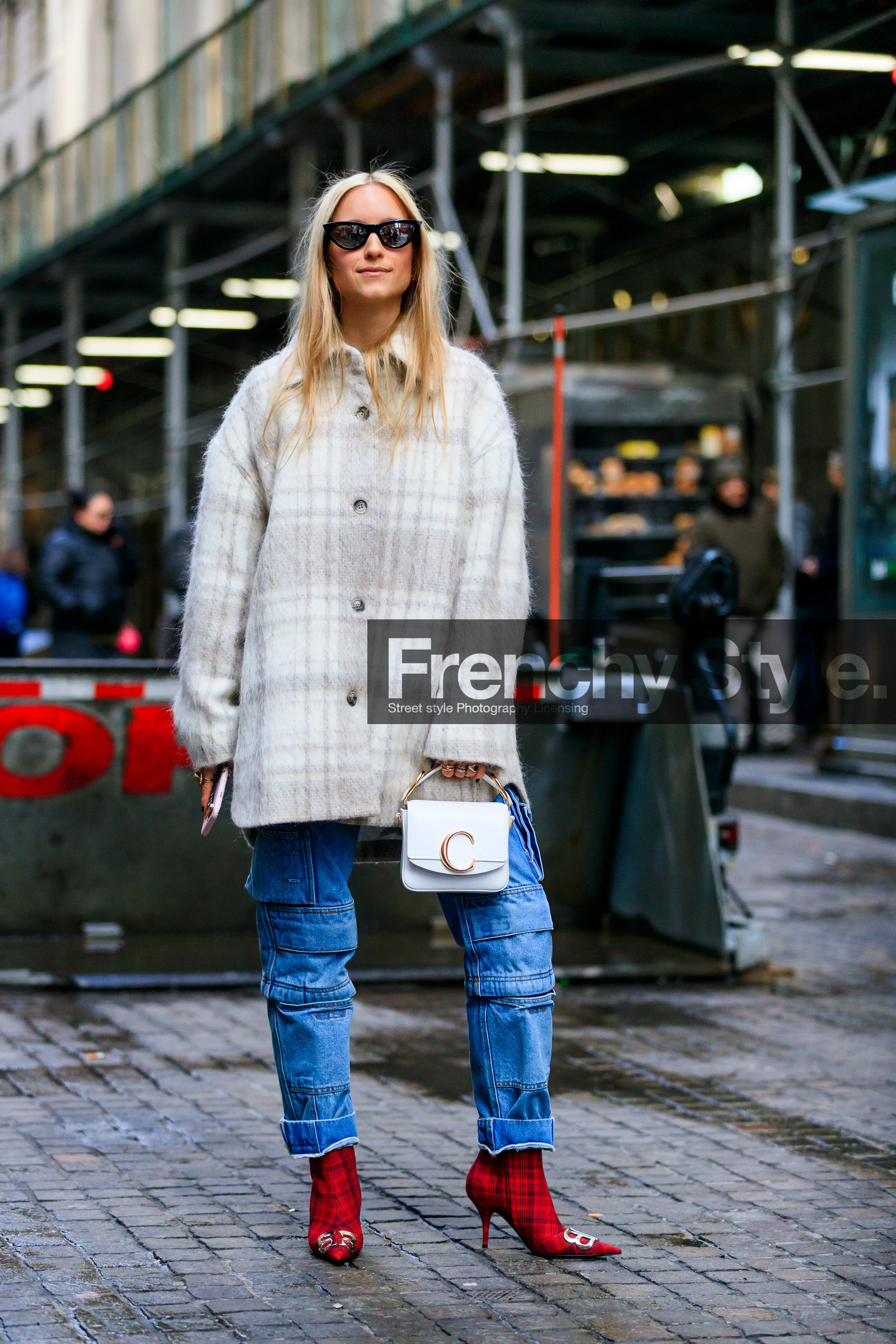 balenciaga, beige jacket, blue denim, Charlotte Groeneveld, checked, chloé, denim pants, graphic jacket, high heels, jeans, leather bag, leather shoes, plaid, printed jacket, red boots, sunglasses, tartan, trousers, white bag, street style, jonathan paciullo, frenchystyle, NYFW, NEW YORK, AUTUMN WINTER 2019-2020, AW 19-20, FALL WINTER 2019-2020, FW 19-20, fashion week, FW, vertical, full length