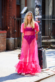 black bra, chanel handbag, courtney trop, embroidered bag, leather bag, leather shoes, pink dress, see through, sequined bag, sunglasses, white shoes, fashion week, frenchystyle, FW, jonathan paciullo, street style, NYFW, NEW YORK, SPRING SUMMER 2019, SS 19, vertical, full length