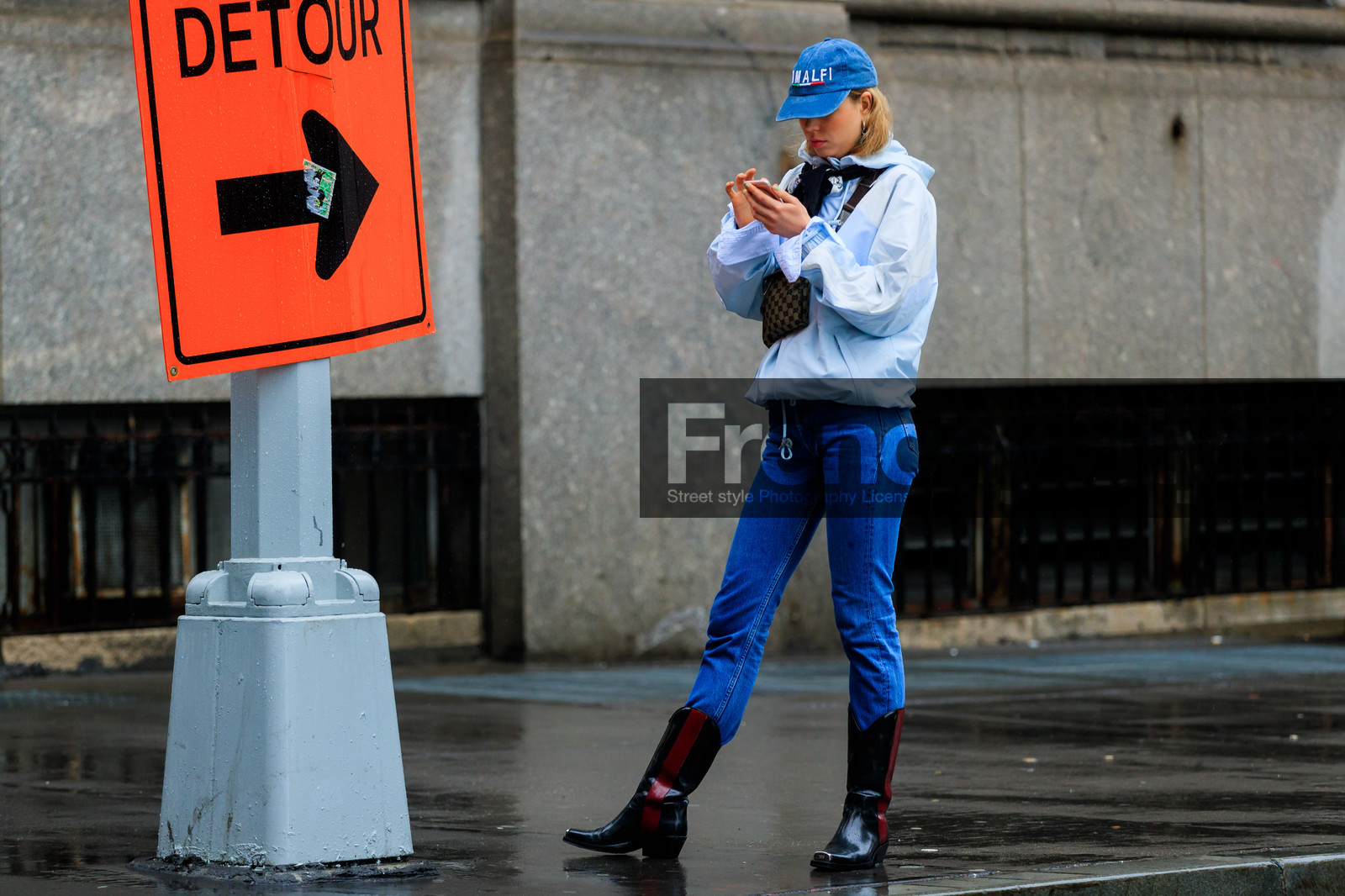 black scarf, black shoes, blue cap, blue denim, blue jacket, calvin klein, cowboy boots, denim pants, fanny pack, graphic bag, gucci, jeans, leather bag, leather shoes, monogram, printed bag, rain jacket, trousers, street style, jonathan paciullo, FW, frenchystyle, fashion week, NYFW, NEW YORK, AUTUMN WINTER 2018-2019, AW 18-19, FALL WINTER 2018-2019, FW 18-19, atmosphere details, horizontal, full length, laura maria wulff