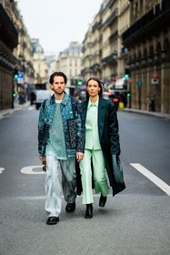 coperni bag, petrol green bag, pine green trench, satin trench, light green suit, flared pants, washed pants, black boots, black shoes, fishnet top, turquoise top, printed jacker, flower print jacket, alice & j.s, alice barbier, JS roques, street style, jonathan paciullo, FW, frenchystyle, fashion week, AUTUMN WINTER 2022-2023, FALL WINTER 2022_2023, FW 22-23, PFW, PARIS, full length, vertical