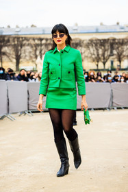 black sheer stockings, black booots, black sunglasses, green look, red lips, dior, mini saddle bag, dior bag, green skirt, mini skirt, green buttoned jacket, maria bernad, fashion week, frenchystyle, FW, jonathan paciullo, street style, AUTUMN WINTER 2022-2023, FALL WINTER 2022_2023, FW 22-23, PFW, PARIS, vertical, full length, green bag