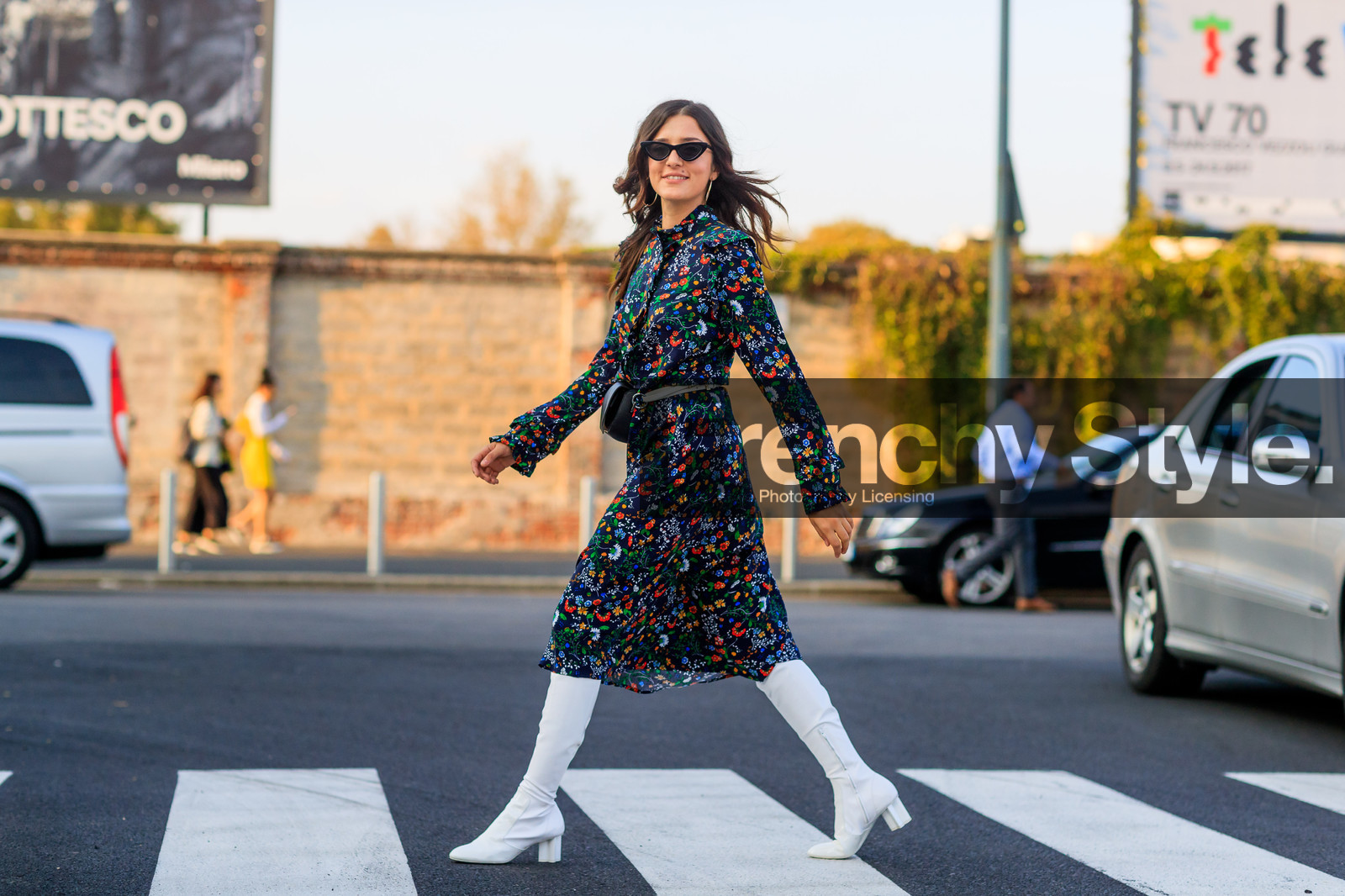 atmosphere details, black bag, eleonora carisi, fanny pack, fashion week, floral, flowers, frenchystyle, full length, FW, graphic dress, high boots, high heels, horizontal, jonathan paciullo, leather bag, leather shoes, MFW, MILAN, printed dress, SPRING SUMMER 2018, SS 18, street style, sunglasses, white boots