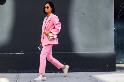 aimee song, atmosphere details, blazer, bracelet, christian dior, céline, earrings, fashion week, frenchystyle, full length, FW, horizontal, iphone, jonathan paciullo, leather bag, leather shoes, NEW YORK, NYFW, pink bag, pink jacket, pink pants, pink suit, red lips, SPRING SUMMER 2018, SS 18, street style, sunglasses, trousers, white sneakers